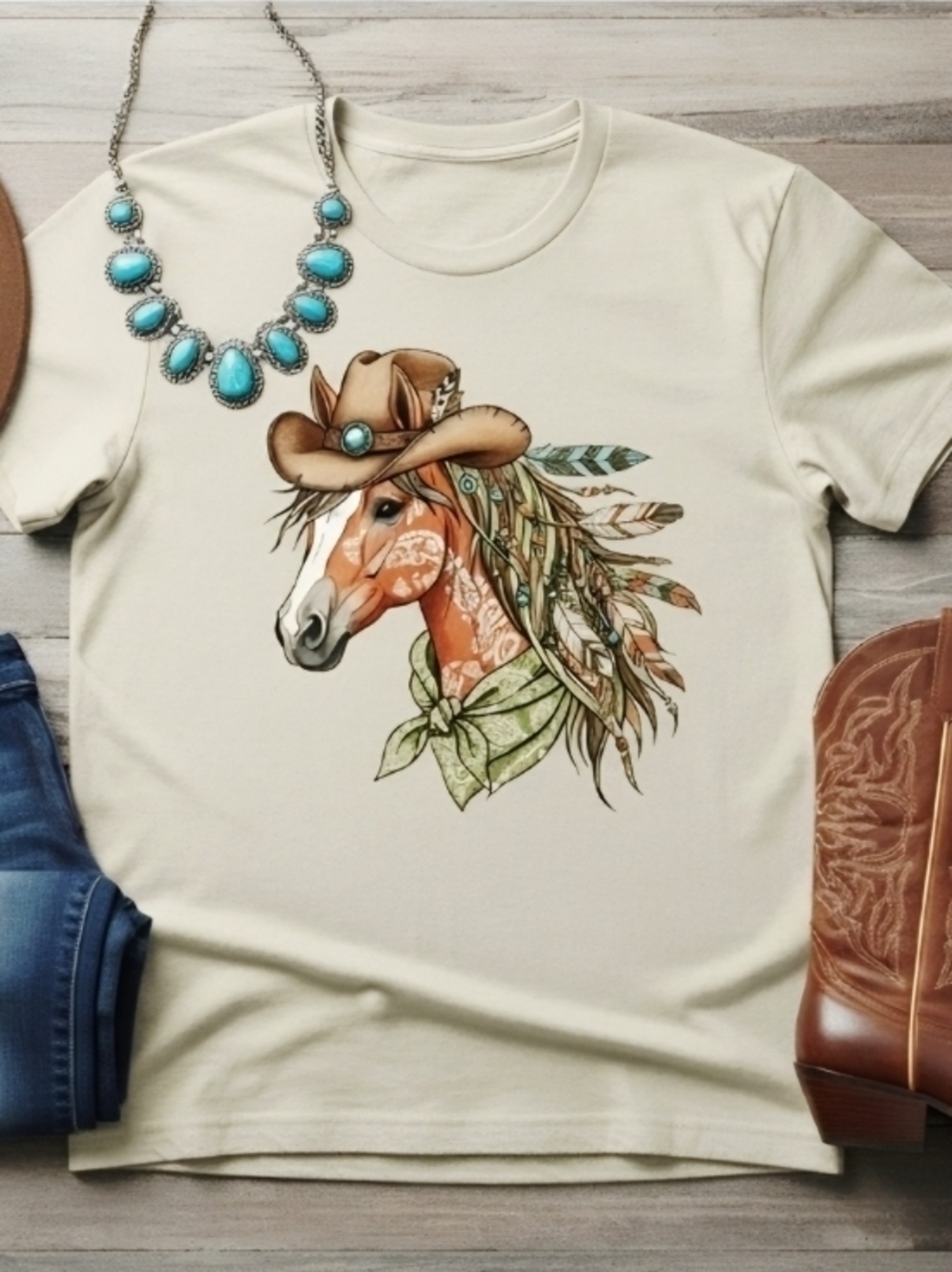 Western Horse Graphic Tee • Cowgirl Boho Shirt • Turquoise Cowboy Hat Top